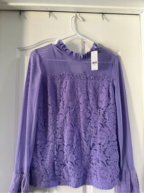 New York & Company Lavender Lace Ruffle Neck Long Sleeve Blouse